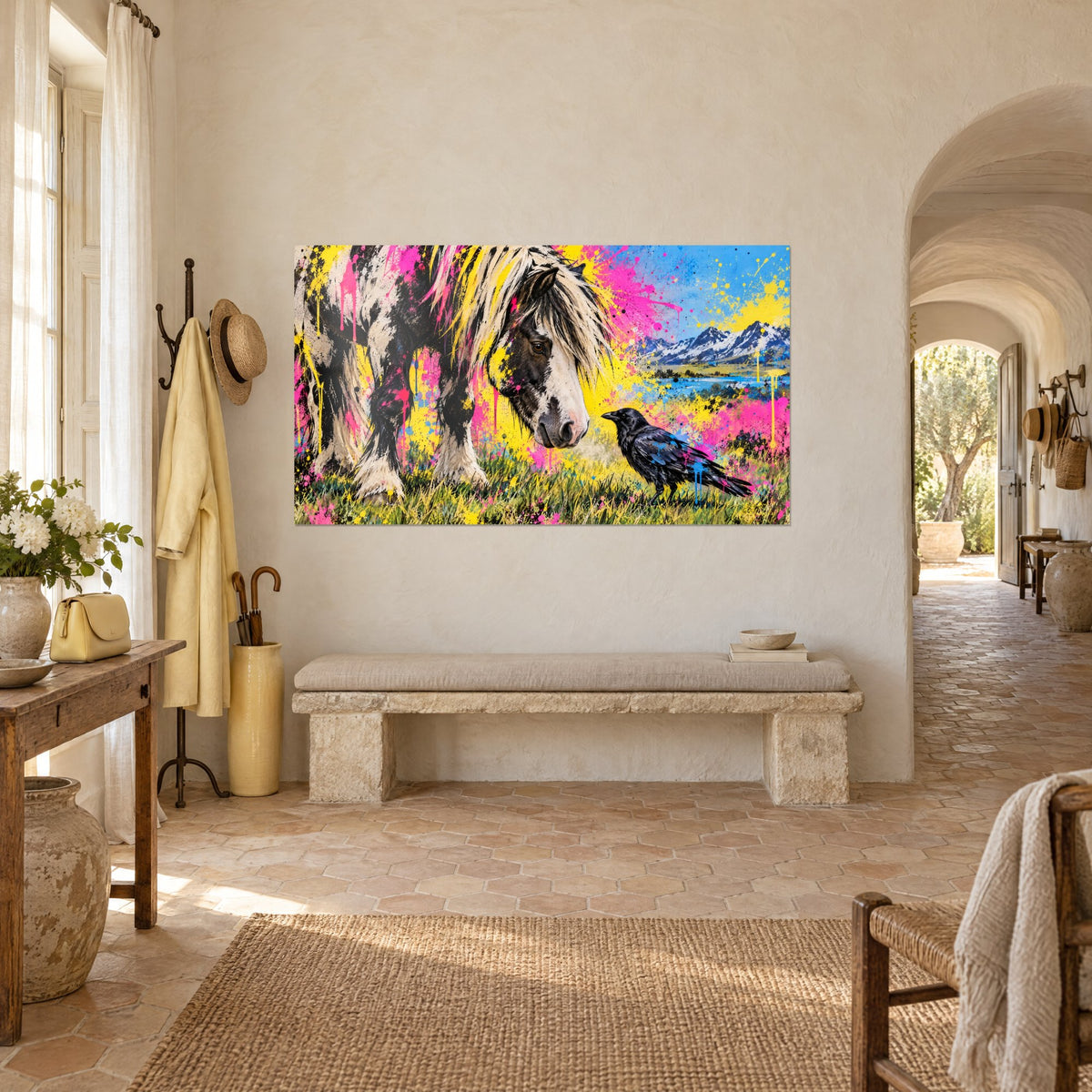 Tableau équidé pie noir et blanc face à un corbeau bleuté, ciel azur et montagnes enneigées, vu de trois-quarts dans un mas provençal