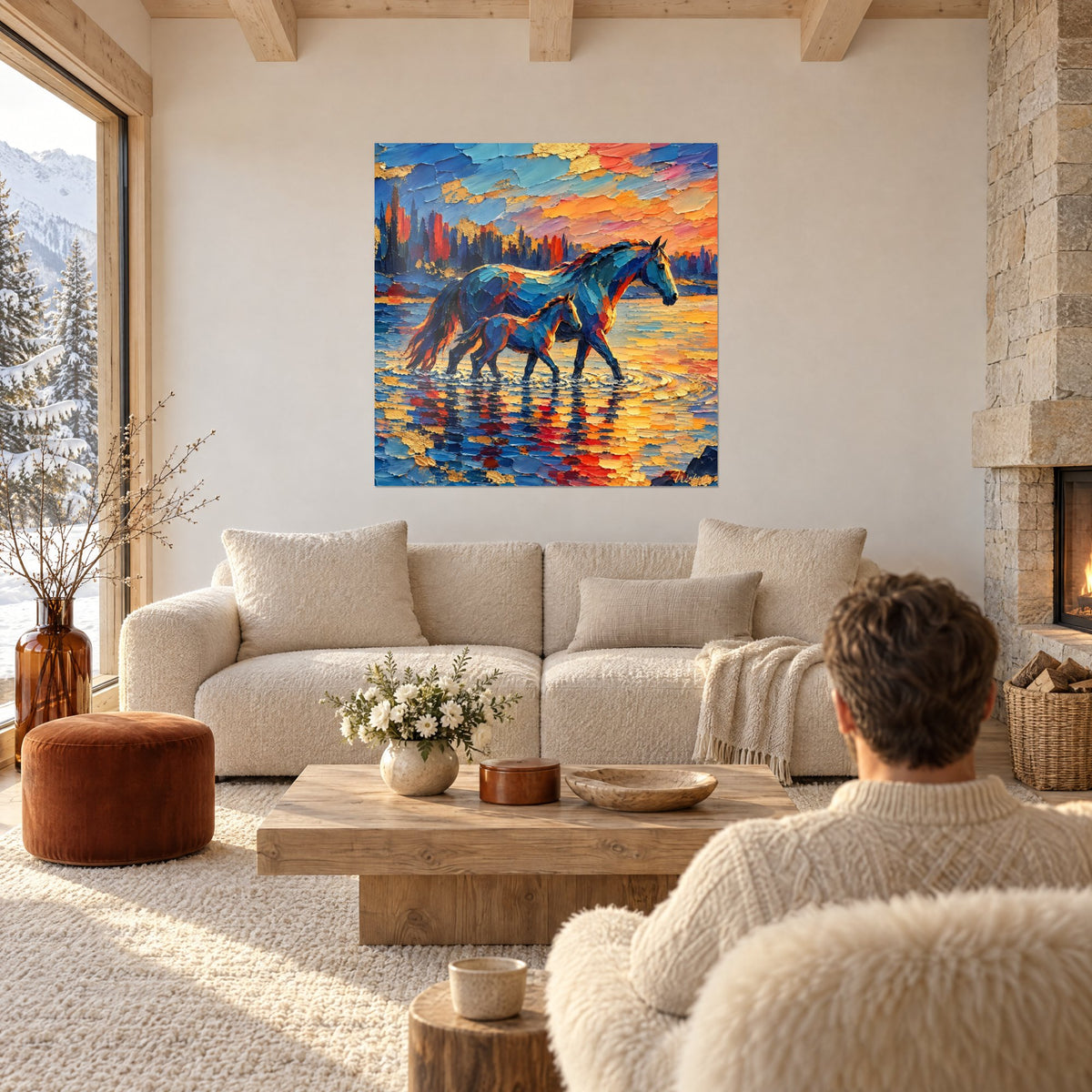 Tableau jument et poulain avançant dans l'eau dorée, reflets bleu cobalt et orange vif, au-dessus d'un canapé dans un salon lumineux