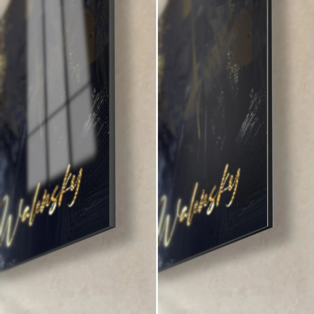 Wall art white horse at full gallop, lower right corner, gold signature on blue-black background, glossy glass and matt Dibond
