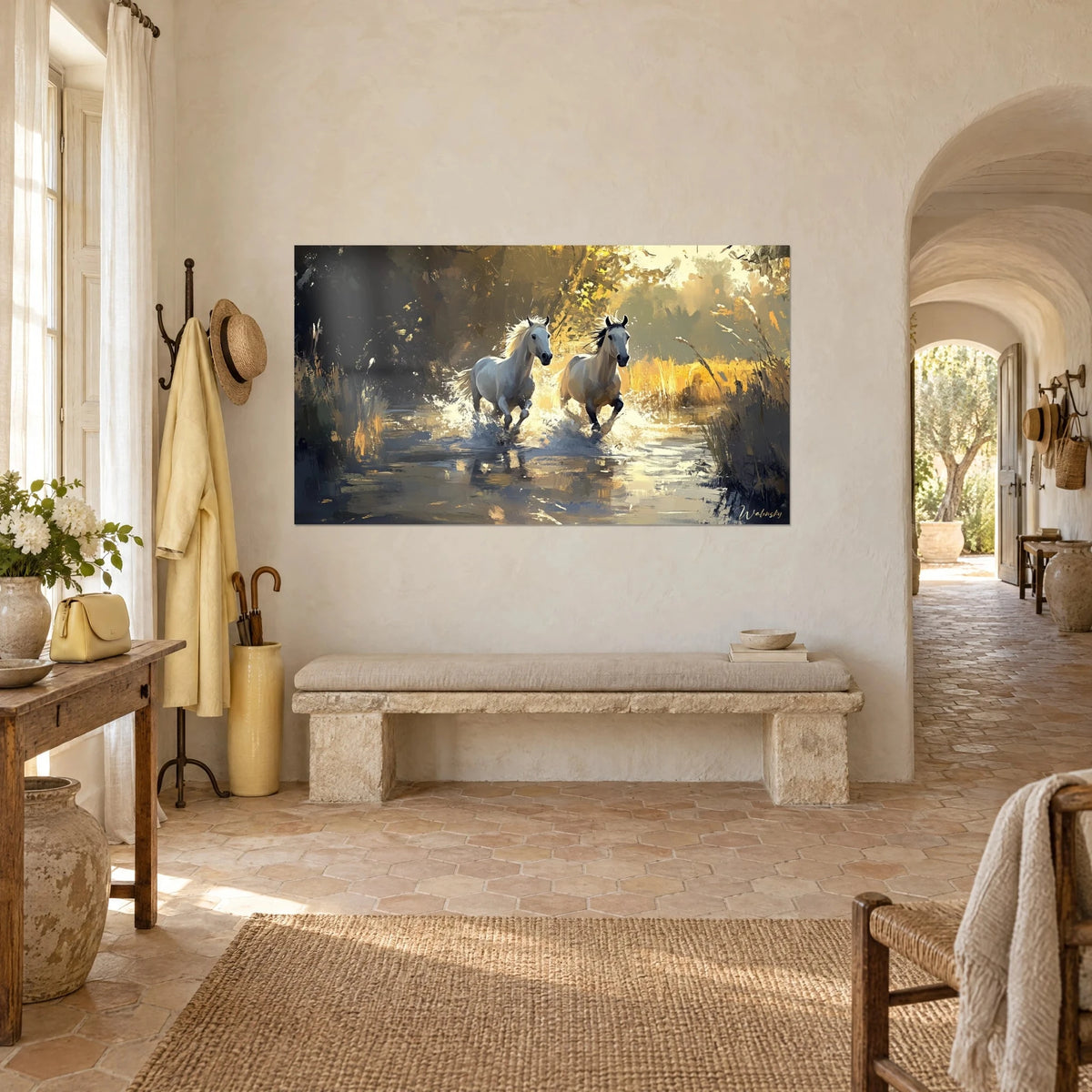 Wall art pearl-grey stallions leaping from a stream, ochre and midnight-blue reflections, Provençal farmhouse in pale stone