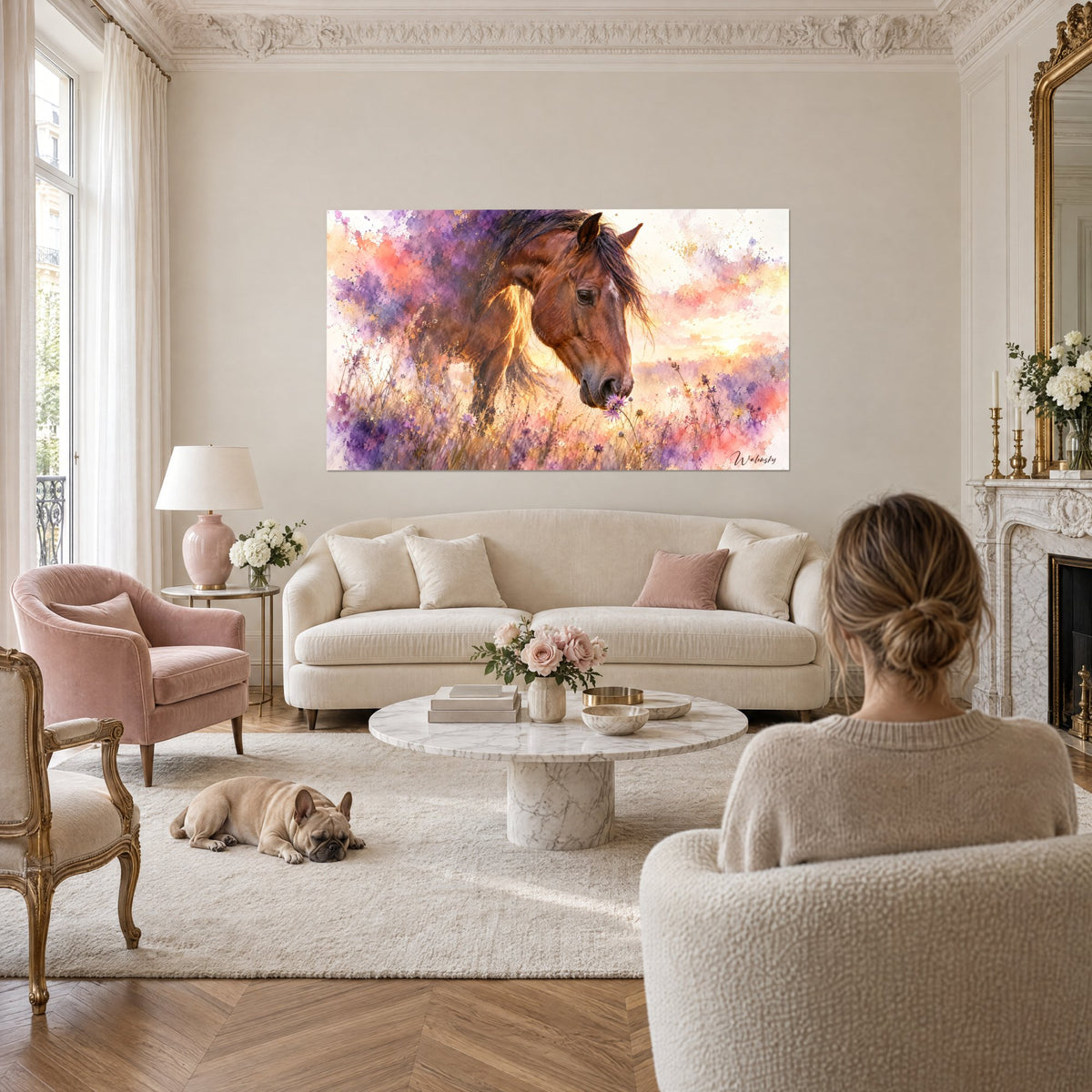 Tableau cheval bai humant une fleur mauve, crinière brune dans des éclaboussures violettes et orangées, au-dessus d'un canapé dans un salon lumineux