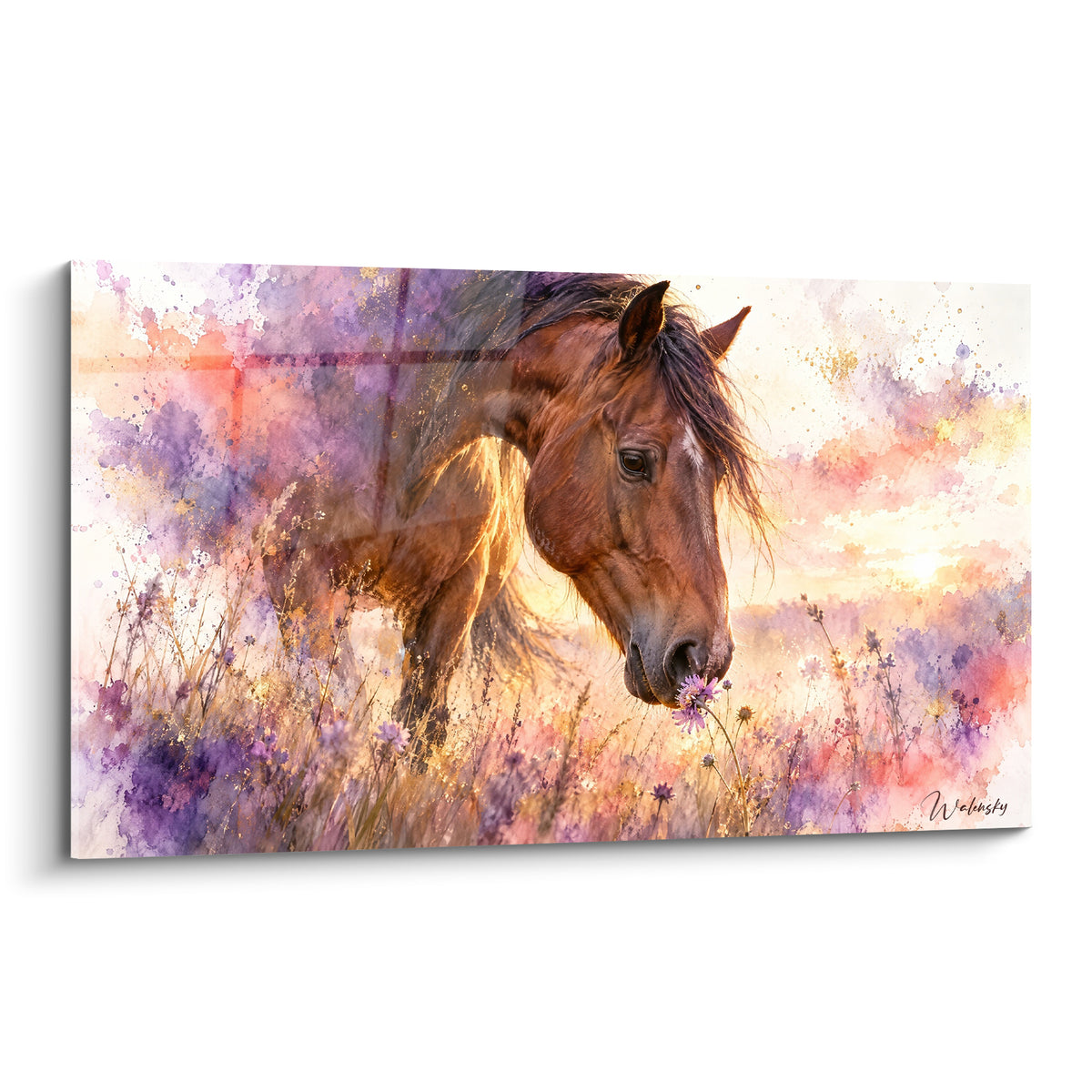 Tableau Cheval Lusitanien bai effleurant une fleur mauve dans une prairie dorée et violette
