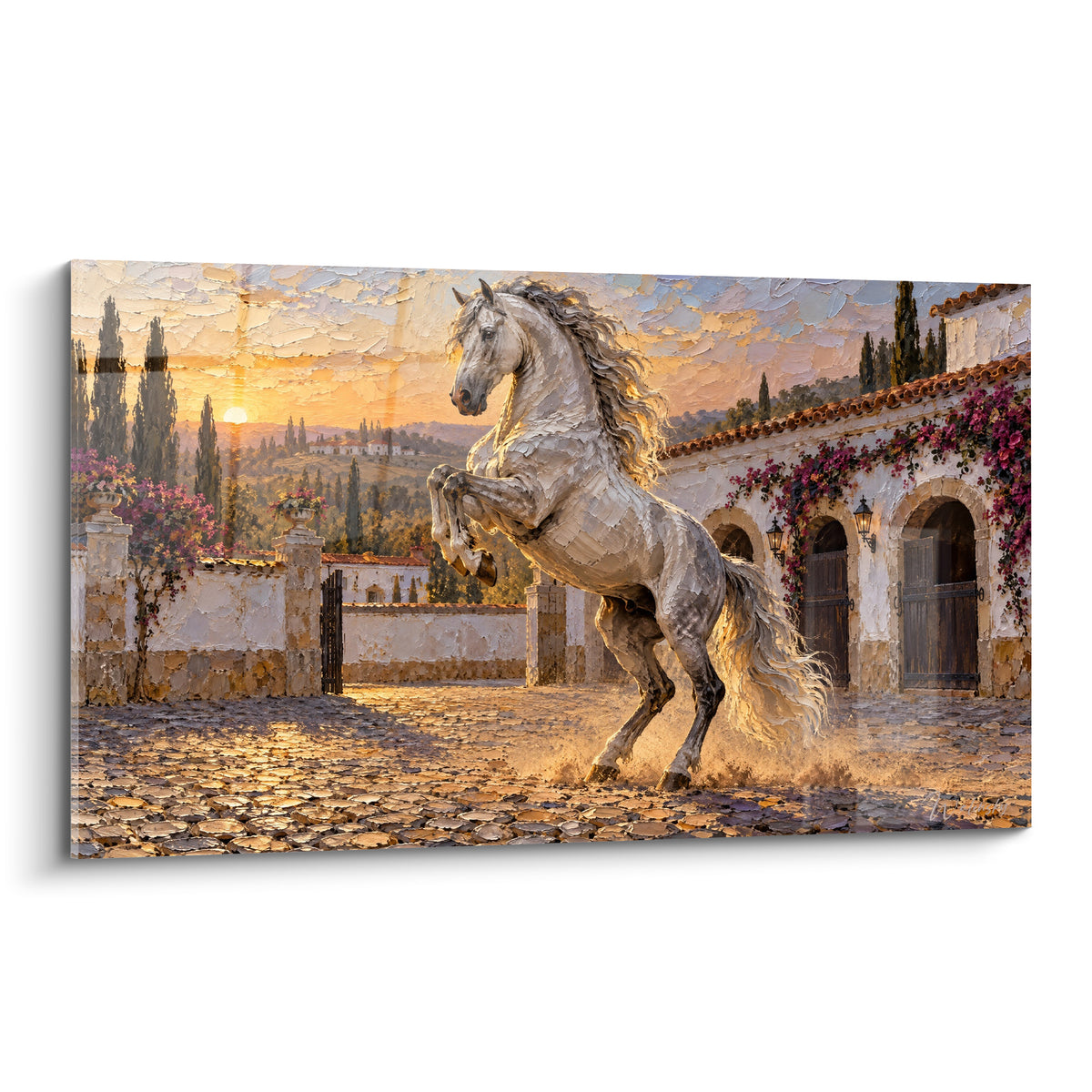 Tableau Cheval Lusitanien blanc cabré dans une cour pavée dorée au coucher du soleil