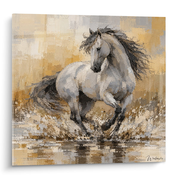 Tableau Cheval gris galopant dans une eau dorée - Reflets sur l'eau - Edition Cheval Lusitanien