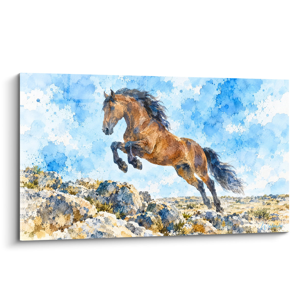 Tableau Cheval Lusitanien cabré, pelage brun fauve et ciel bleu éclaboussé en aquarelle vibrante