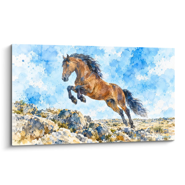 Tableau Cheval cabré brun bleu rocheux - Élan sauvage - Edition Cheval Lusitanien