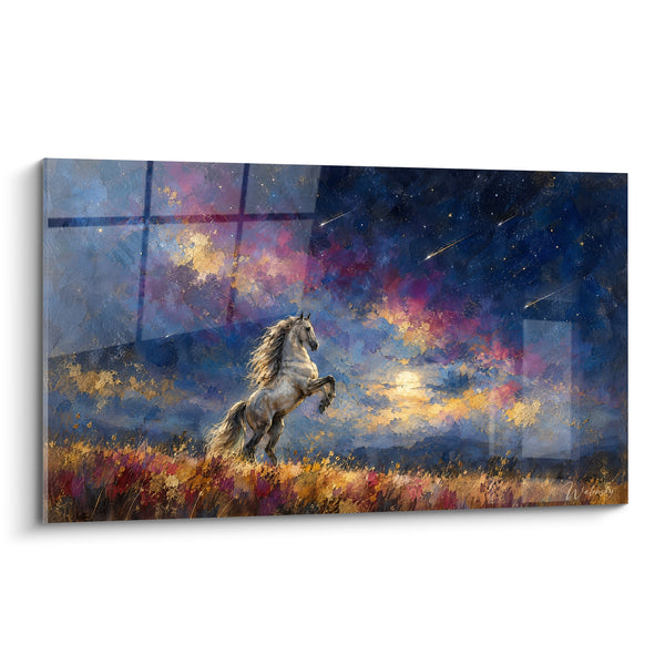 Tableau Cheval blanc cabré sous ciel étoilé doré - Envol céleste - Edition Cheval Lusitanien