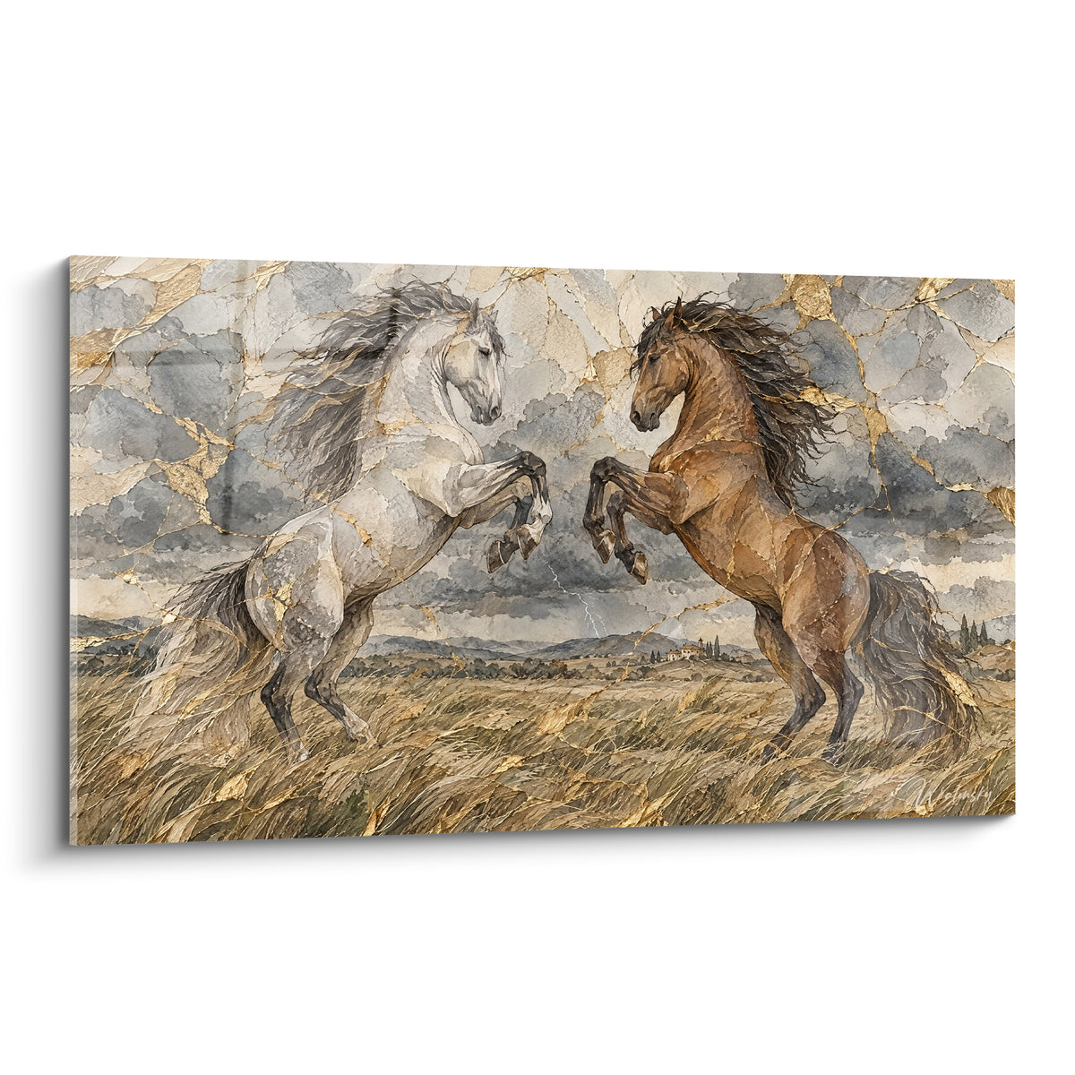 Tableau Cheval Lusitanien cabré, robe blanche et fauve dorée face à un ciel anthracite orageux