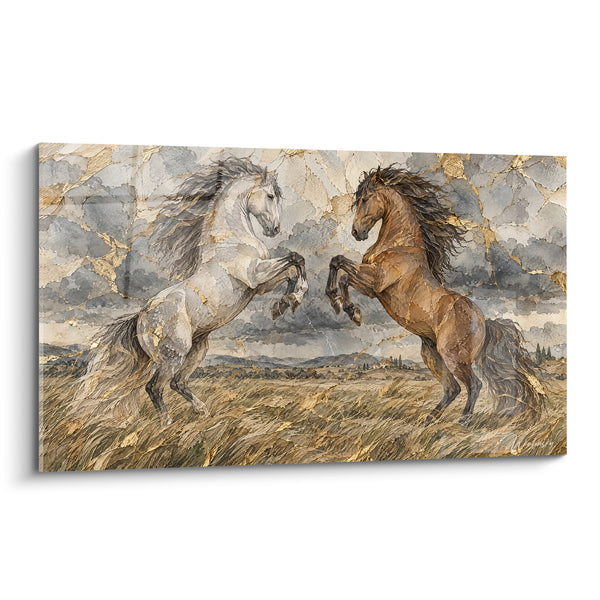 Tableau Chevaux cabrés blanc et fauve doré - Duel de puissance - Edition Cheval Lusitanien