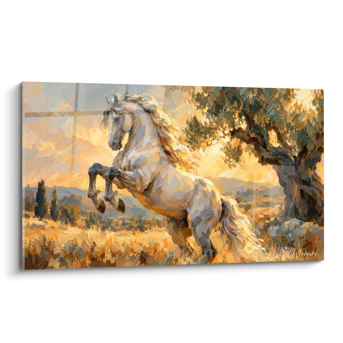 Tableau cheval lusitanien cabré, robe blanc crème et ciel doré sous un olivier toscan