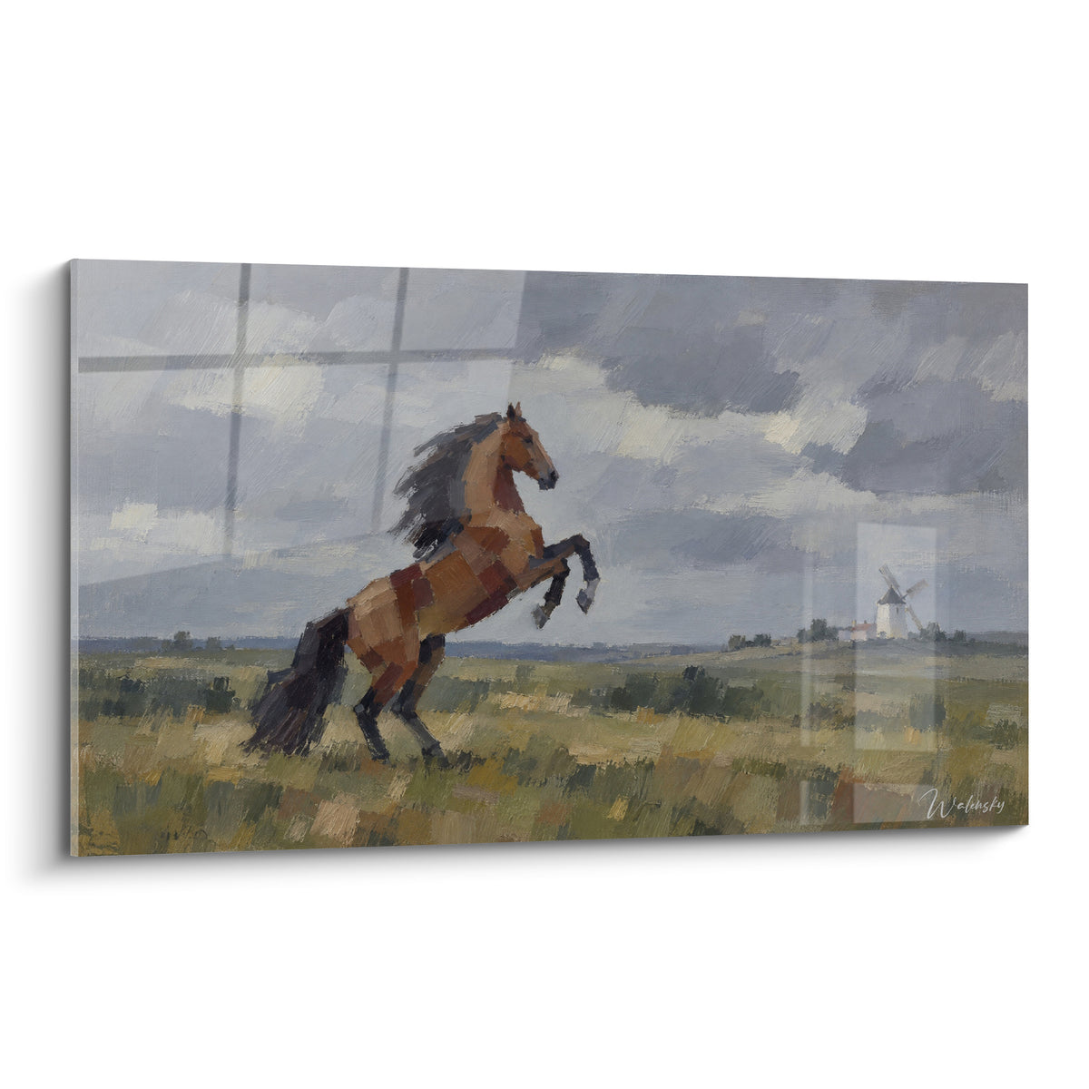 Tableau Cheval Lusitanien fauve se cabrant sous un ciel anthracite, plaine verte et moulin lointain