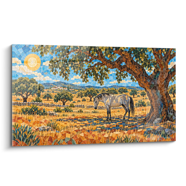 Tableau Cheval gris sous chêne ocre et bleu - Répit sous le chêne - Edition Cheval Lusitanien