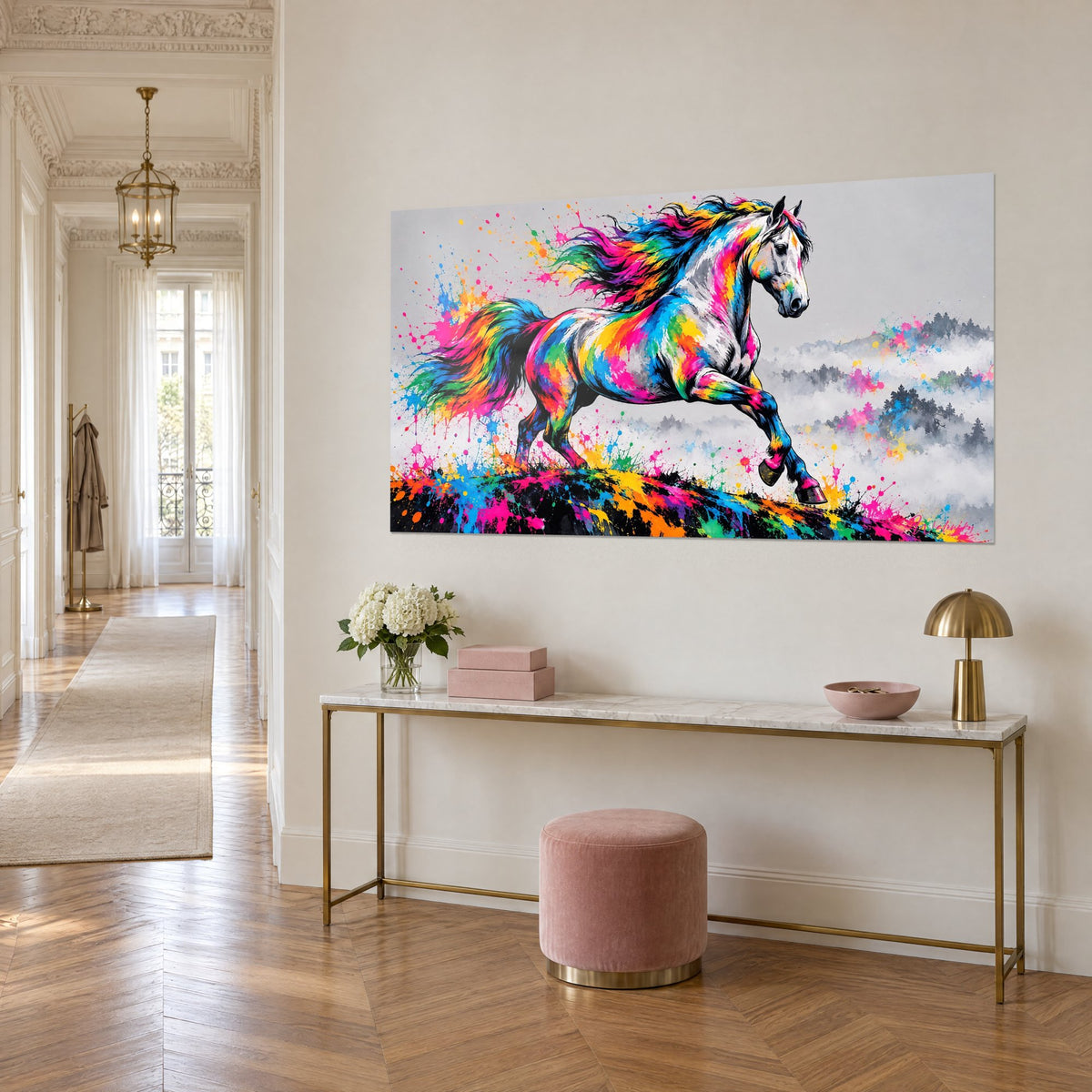 Tableau coursier à la robe arc-en-ciel cabré sur une crête noire, brumes grises et éclaboussures orange, console dorée en bas