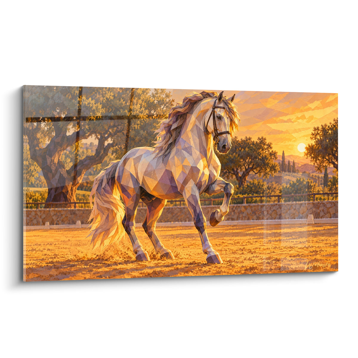 Quadro Cavallo Lusitano dorato impennato in un maneggio andaluso al tramonto arancio