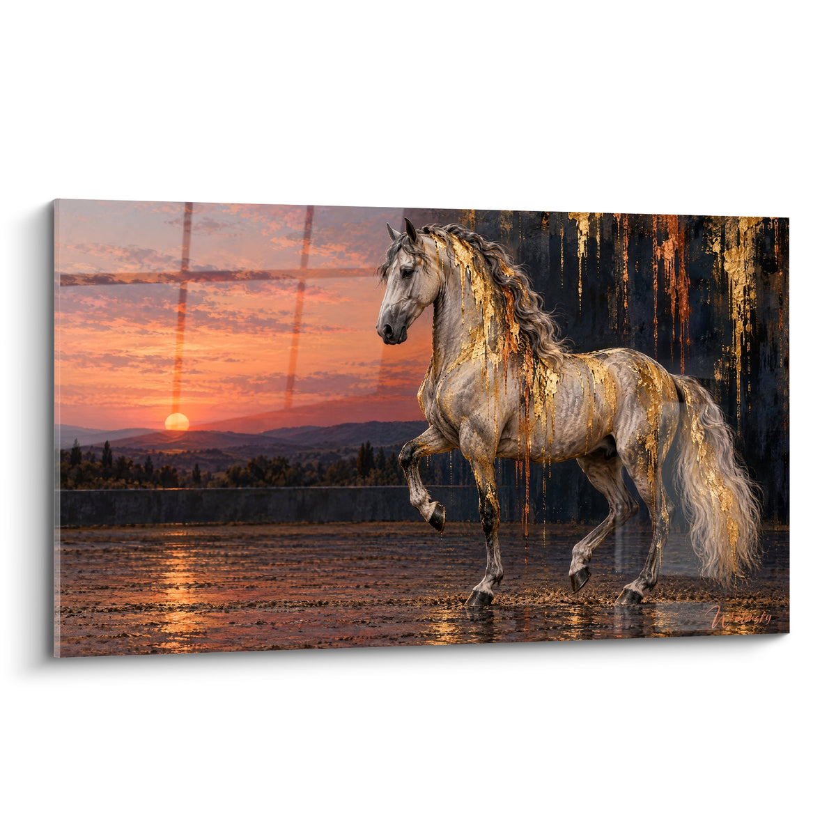 Tableau Cheval Lusitanien blanc et doré, crinière ruisselante, devant un coucher de soleil terracotta
