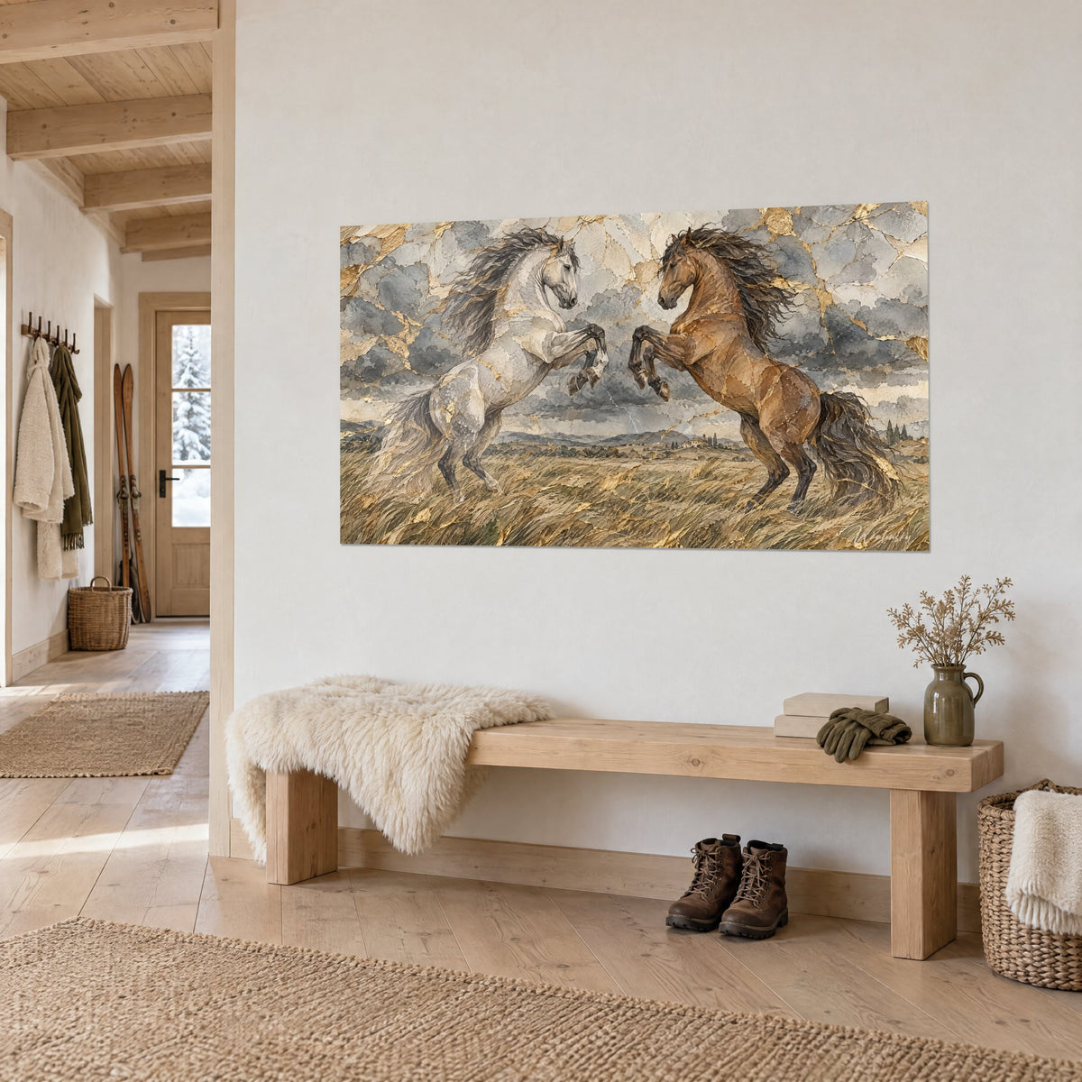 Tableau duel de chevaux dressés, gris perle face à l'alezan, ciel d'orage ardoise et herbes ocre, sur un mur de chalet clair