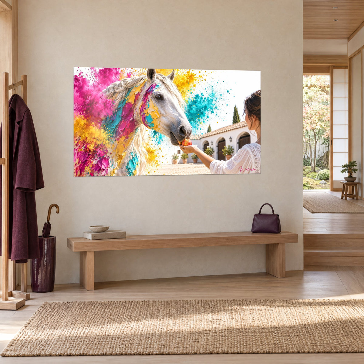 Tableau lusitanien à la crinière tressée, éclaboussures magenta et turquoise sur son chanfrein, mur beige d'une entrée japandi