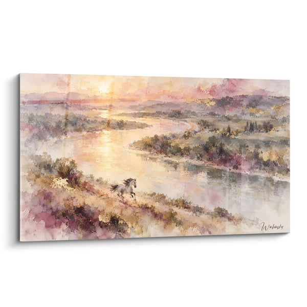 Tableau Cheval gris galopant près d'un fleuve doré - Course au crépuscule - Edition Cheval Lusitanien