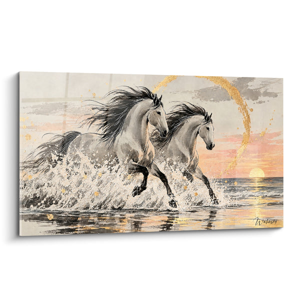 Tableau Chevaux blancs galopant dans l'écume dorée - Course vers l'aurore - Edition Cheval Lusitanien
