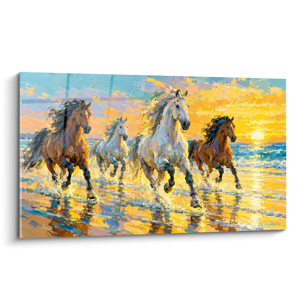 Tableau Chevaux galopant sur plage dorée - Course vers la lumière - Edition Cheval Lusitanien