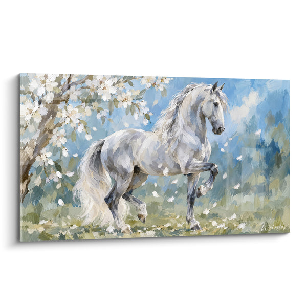 Tableau Cheval gris sous arbre en fleurs - Souffle printanier - Edition Cheval Lusitanien