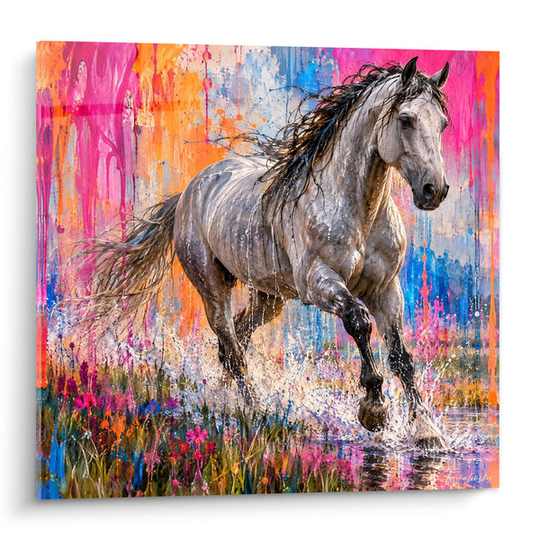 Gemälde Grauer Lusitano-Pferd mit rosa und blauen Spritzern – Wilder Galopp – Edition Lusitano-Pferd