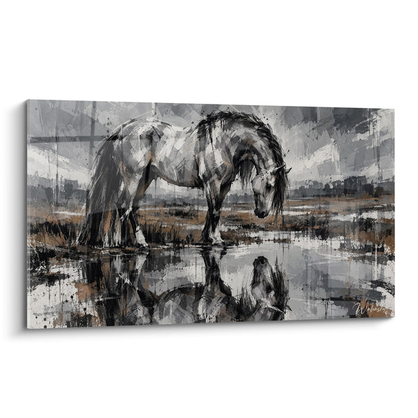 Tableau Cheval gris penché près d'un marécage - Instant de solitude - Edition Cheval Lusitanien
