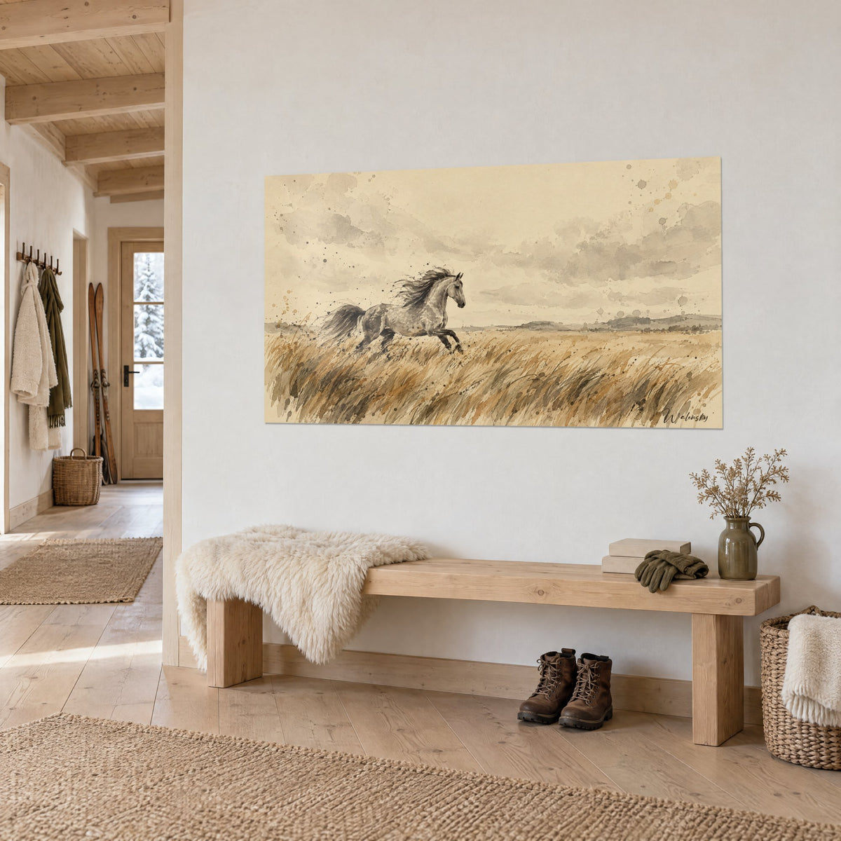Tableau étalon argenté lancé au galop, herbes ocre et beige, ciel nuageux gris, vu de trois-quarts dans une entrée en bois
