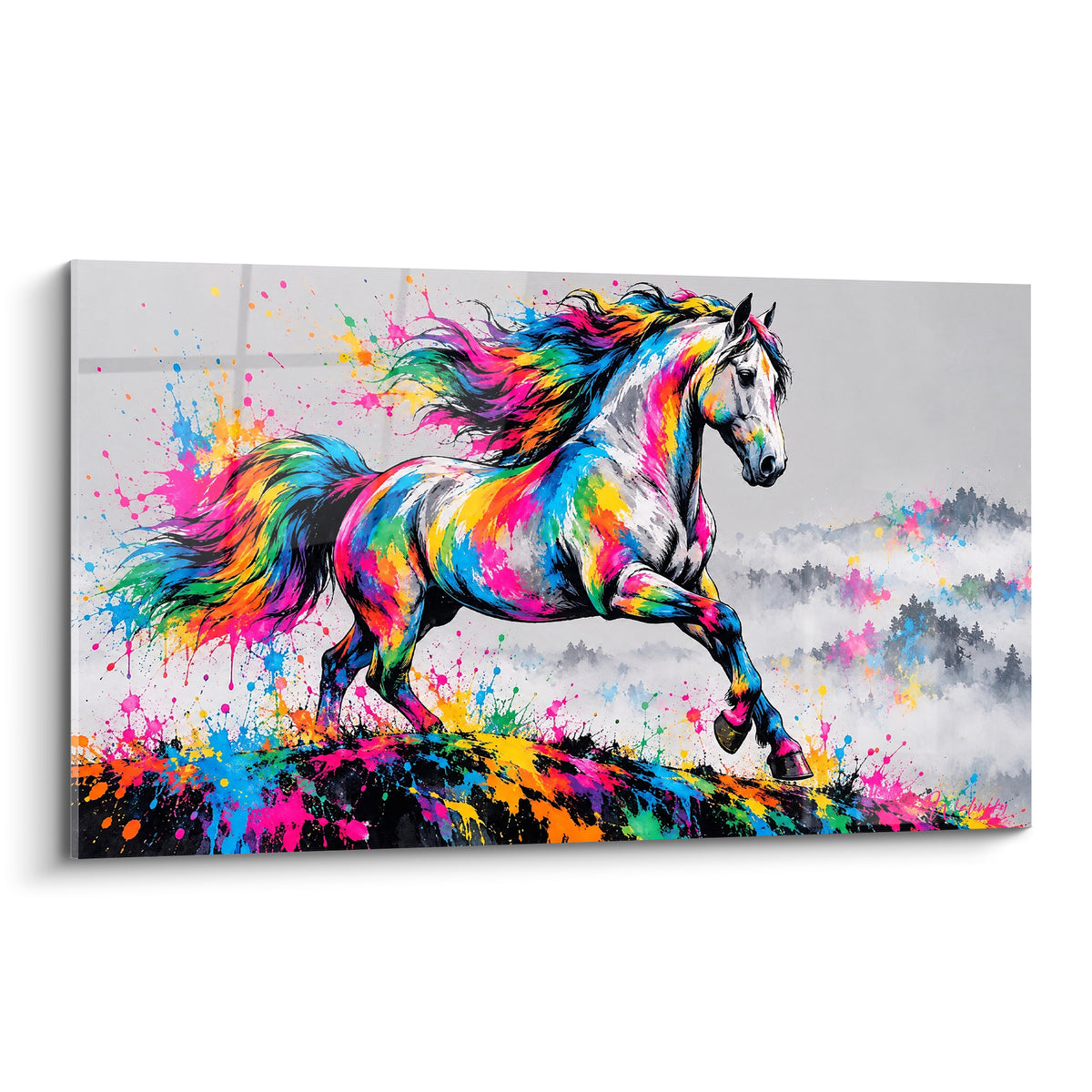 Tableau Cheval Lusitanien cabré aux crins roses, bleus et jaunes sur fond gris brumeux