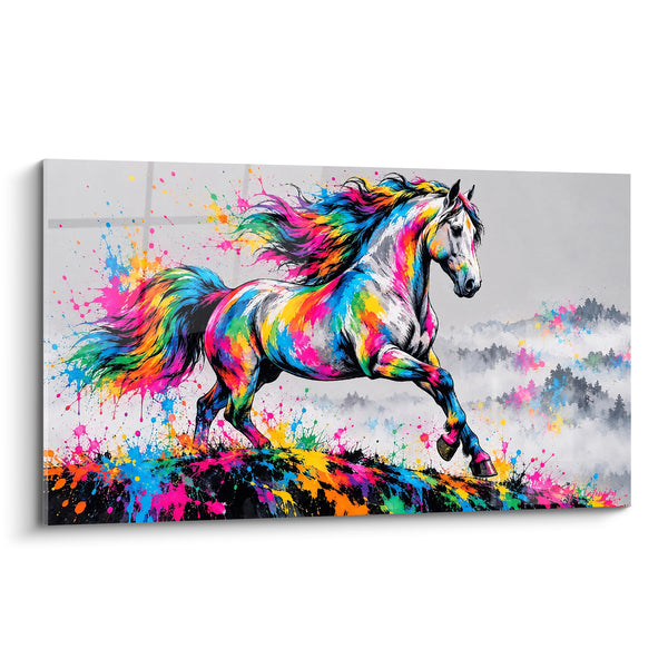 Tableau Cheval cabré aux éclaboussures roses et bleues - Course arc-en-ciel - Edition Cheval Lusitanien