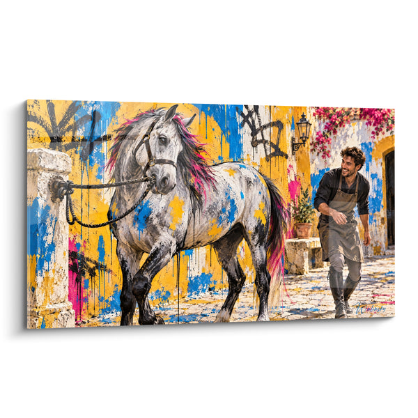 Tableau Cheval blanc attaché mur jaune éclaboussé - Retrouvailles dans la ruelle - Edition Cheval Lusitanien