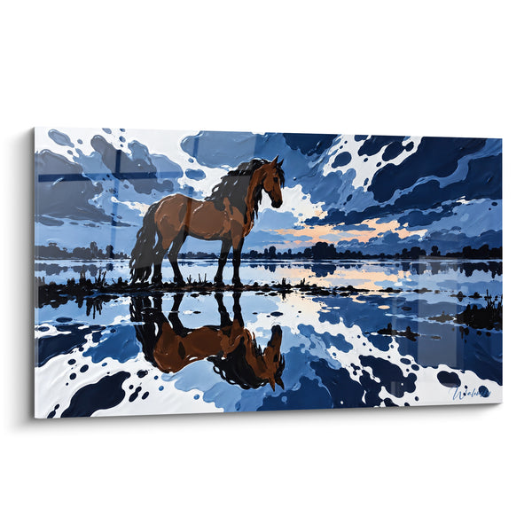 Tableau Cheval brun au reflet dans l'eau - Miroir du soir - Edition Cheval Lusitanien