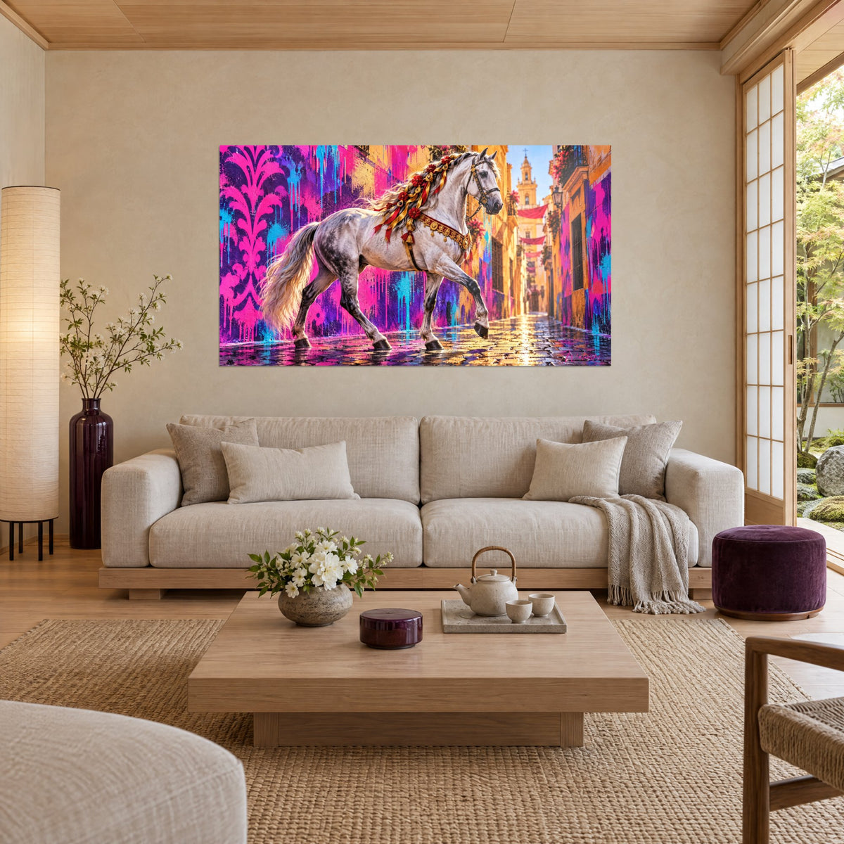 Tableau étalon gris pommelé aux rubans rouges et dorés, murs rose fuchsia et ruelle ocre, au-dessus d'un canapé dans un salon lumineux