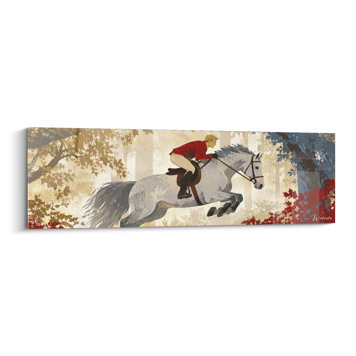 Tableau Cheval Lusitanien gris sautant un obstacle, cavalier en veste rouge vermillon sur fond ocre