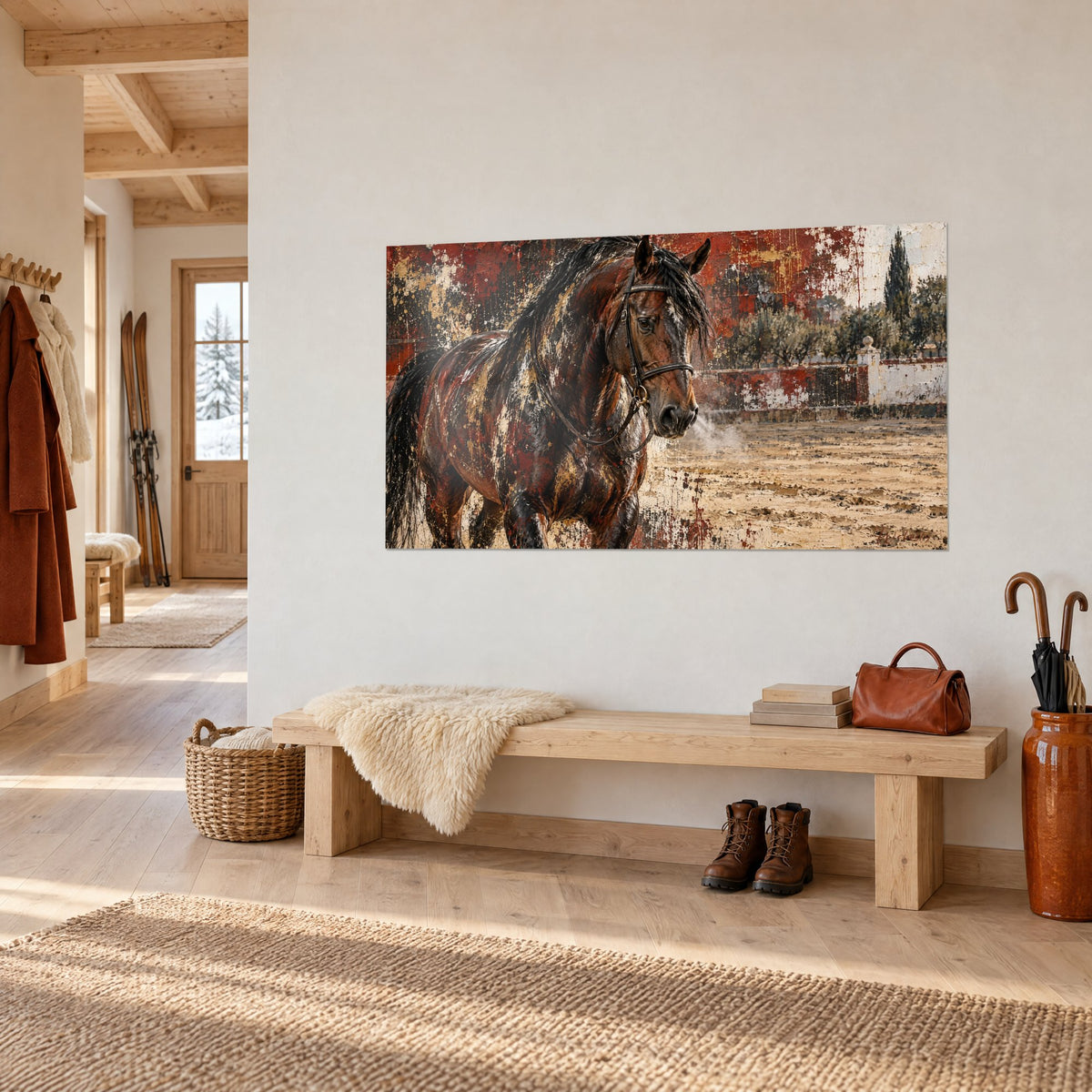 Tableau cheval alezan sombre aux coulures dorées, naseaux fumants, vu de trois-quarts sur un mur blanc de chalet