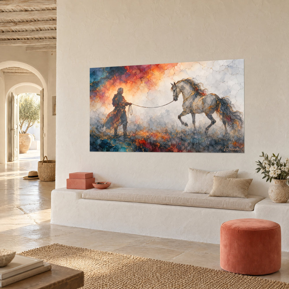 Tableau cheval gris trottant, crinière dorée, fond rouge et bleu sarcelle, sur un mur crème près d'un banc en pierre
