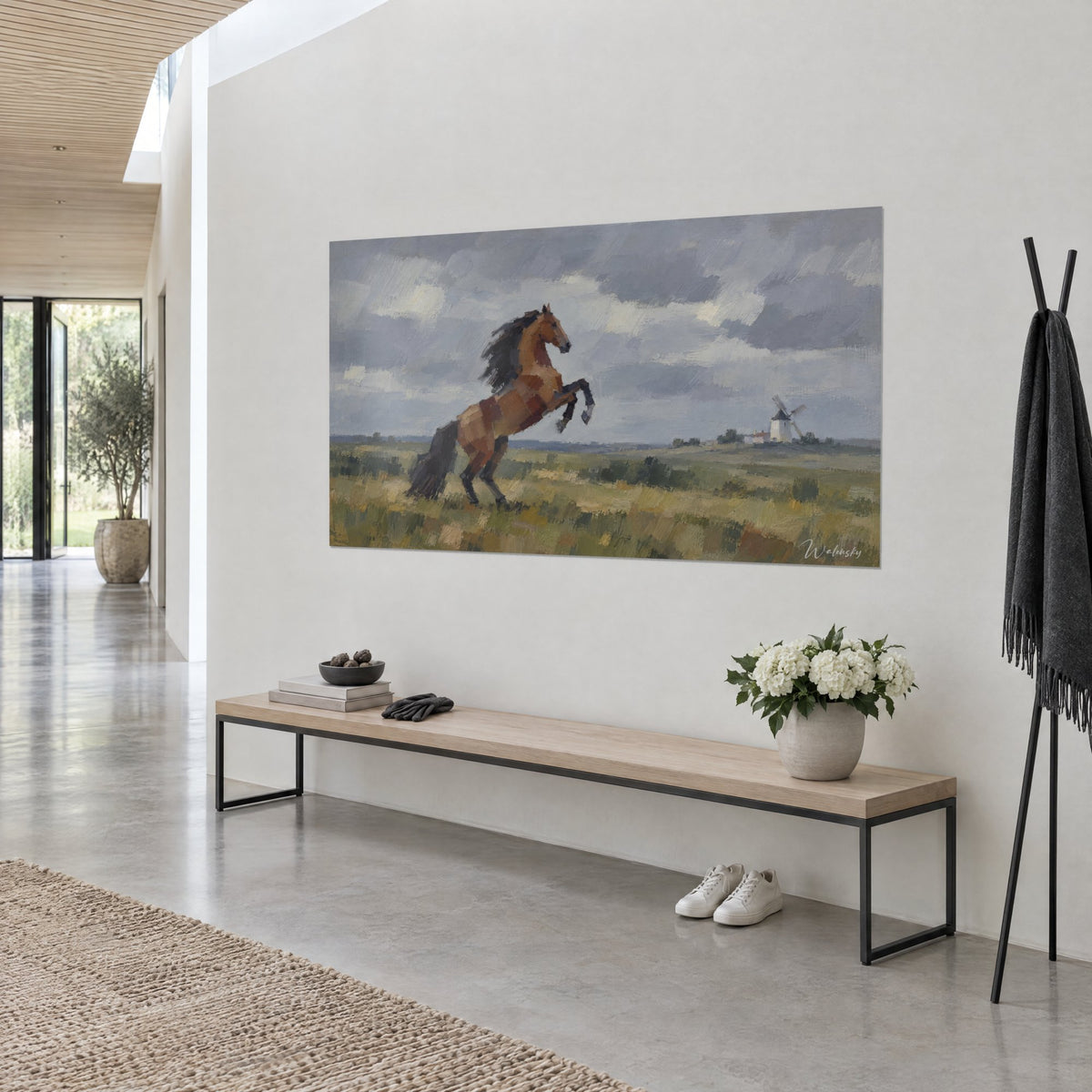 Tableau étalon bai dressé sur ses postérieurs, crinière noire au vent, prairie verte et moulin blanc, mur clair d'une maison d'architecte