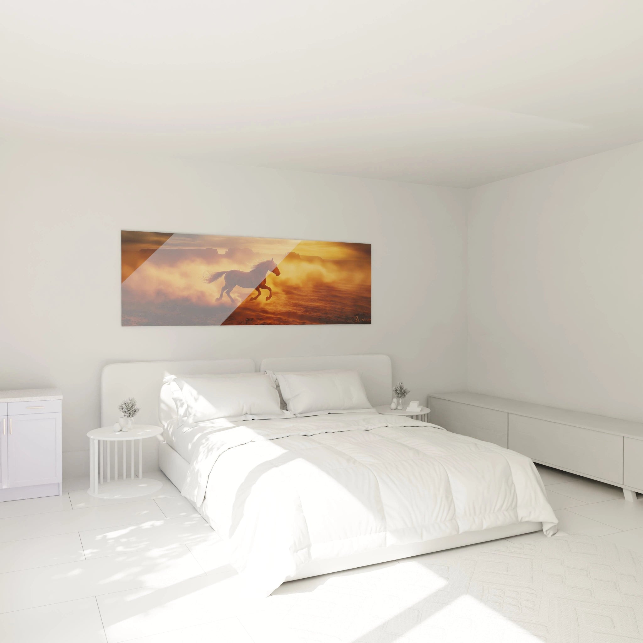 Tableau cheval Walensky sur le mur d'une chambre moderne avec lumière naturelle