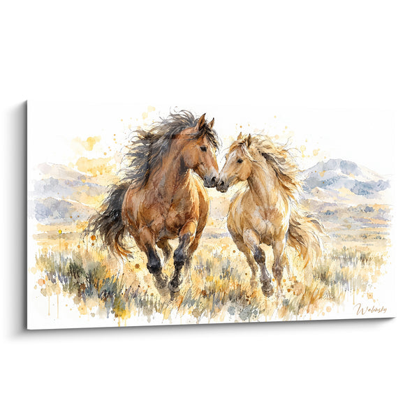 Tableau Mustangs brun et crème museau contre museau - Rencontre dans les herbes - Edition Cheval Mustang