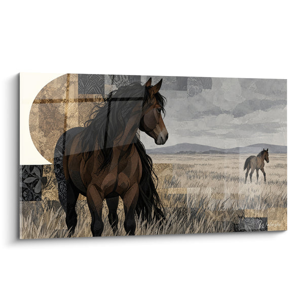 Tableau Cheval brun et gris dans la prairie - Motifs géométriques en patchwork - Edition Cheval Mustang