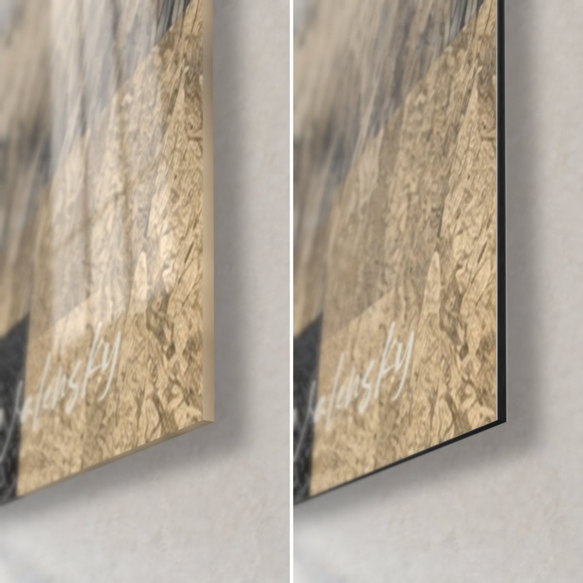 Tableau cheval sauvage, coin bas droit : verre acrylique brillant reflétant la lumière, alu Dibond mat noir, tranche de 3 mm