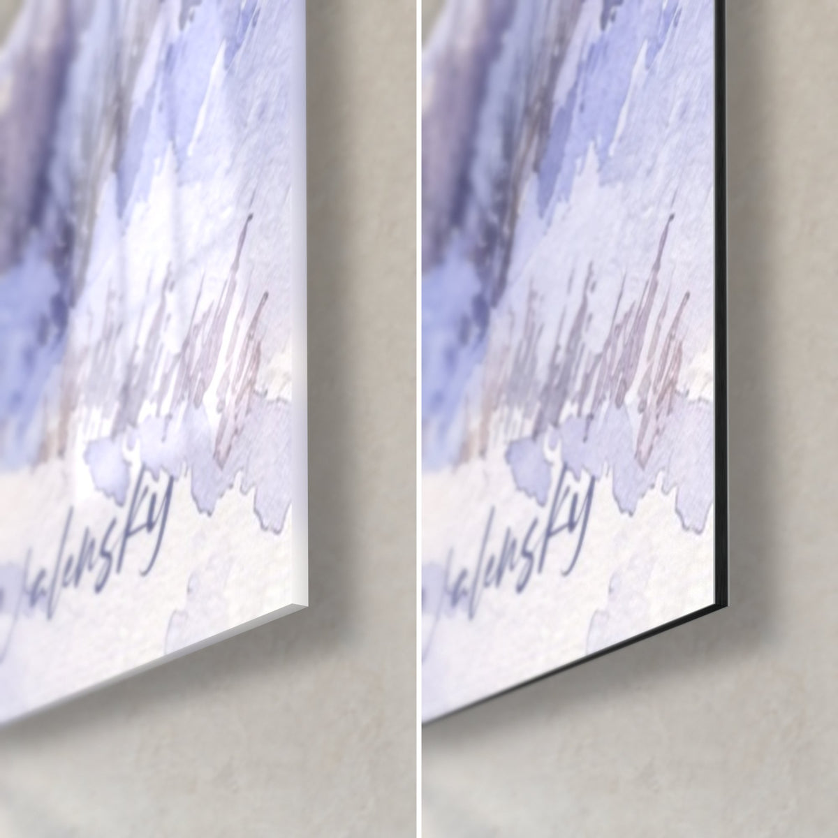 Tableau étalon gris sur la neige, coin bas droit : verre acrylique brillant à gauche, Dibond noir mat à droite, tranche de 3 mm