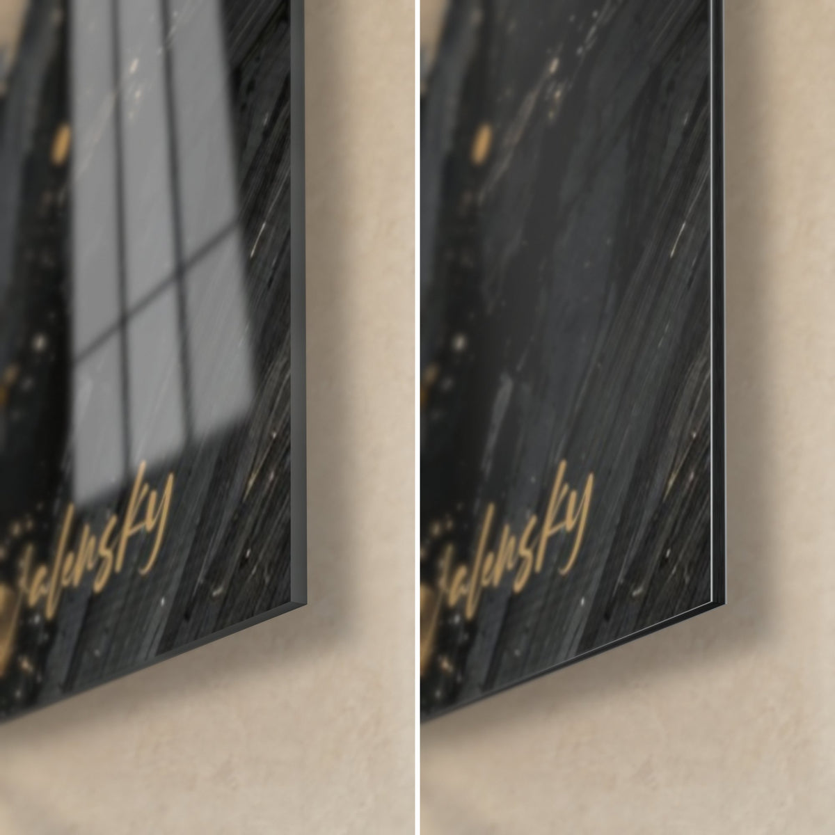 Tableau cheval doré, coin bas droit : verre acrylique brillant aux reflets de fenêtre, alu Dibond mat noir et or, tranche de 3 mm