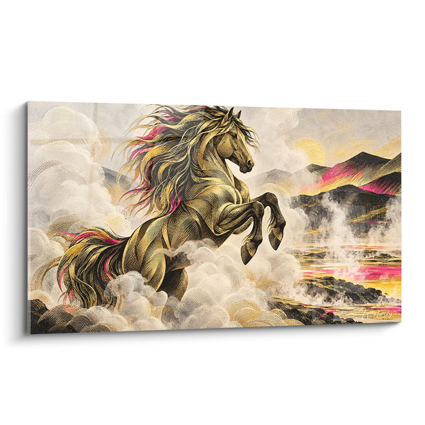 Tableau Mustang doré cabré aux mèches roses - Élan indompté - Edition Cheval Mustang