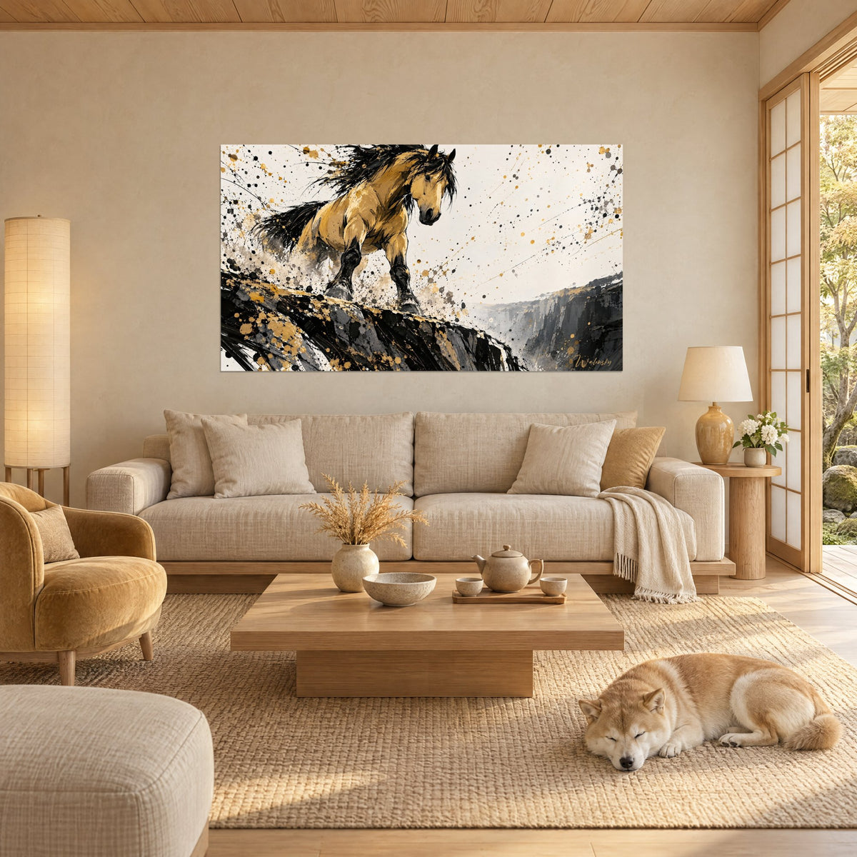Tableau mustang doré cabré sur une crête anthracite, crinière noire éclaboussée d'or, un Shiba couché, au-dessus d'un canapé dans un salon lumineux