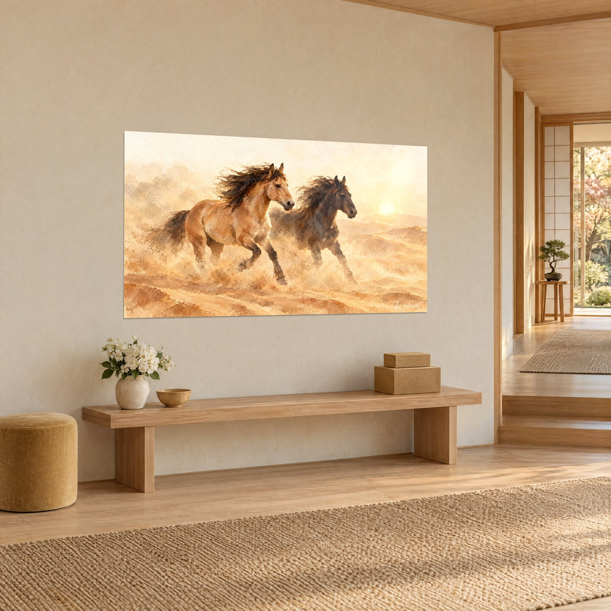 Tableau chevaux sauvages galopant dans les dunes, pelage ocre et mèches sombres sous un soleil pâle, mur beige d'une entrée japandi