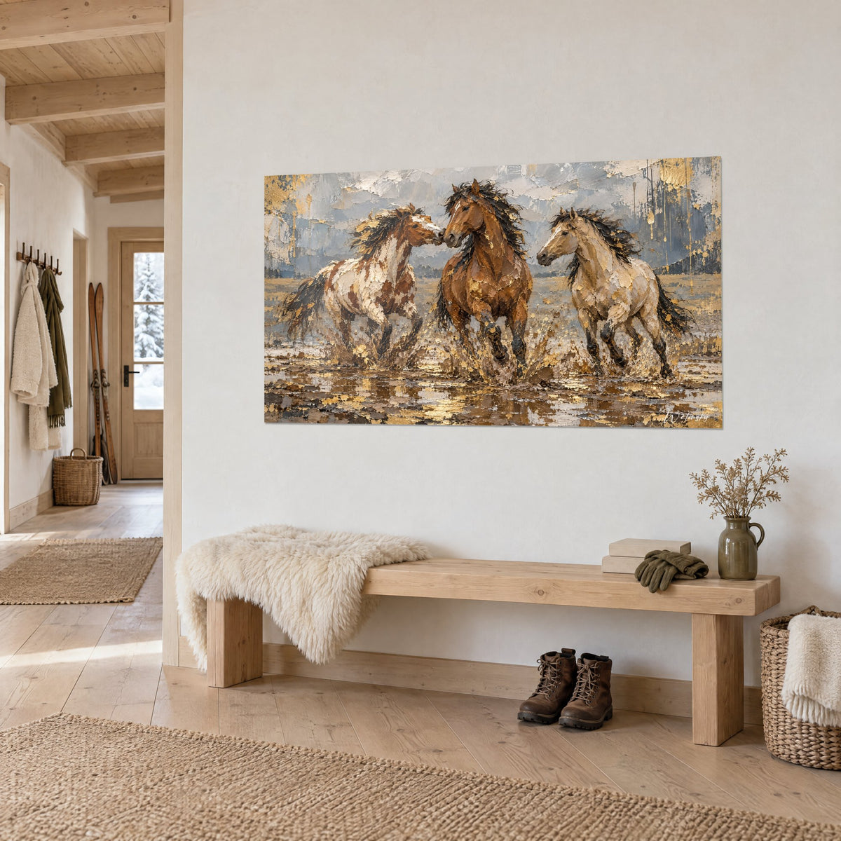 Tableau galop de chevaux bruns et crème en peinture au couteau, éclats d'or sur ciel gris, dans l'entrée d'un chalet