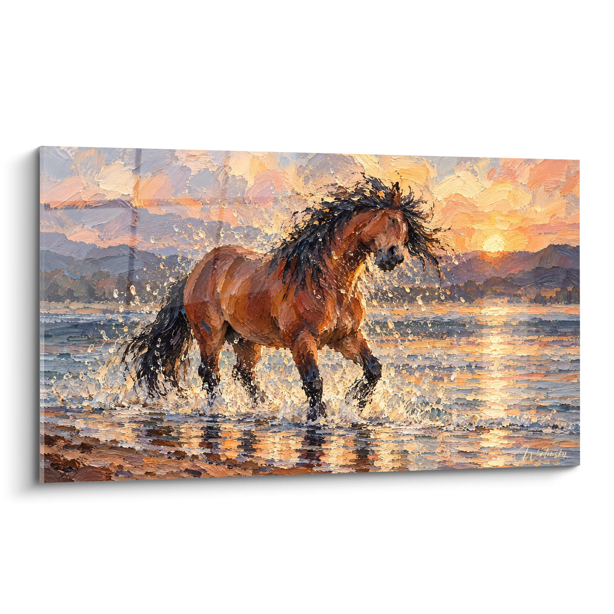 Tableau Cheval Mustang fauve traversant une eau dorée au coucher de soleil orangé