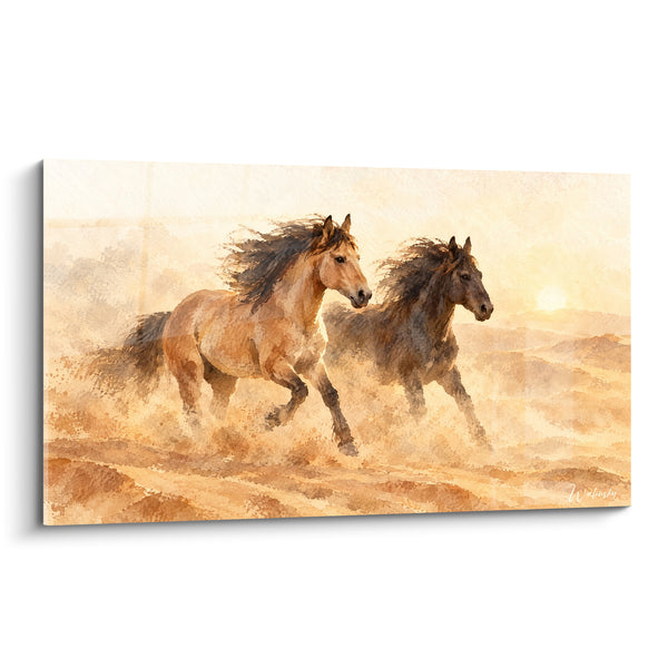 Tableau Mustangs fauve et brun au galop - Course vers l'aube - Edition Cheval Mustang