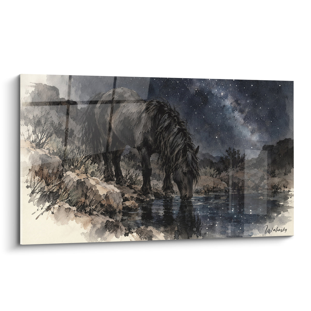 Tableau Cheval Mustang noir buvant sous un ciel étoilé bleu nuit et anthracite